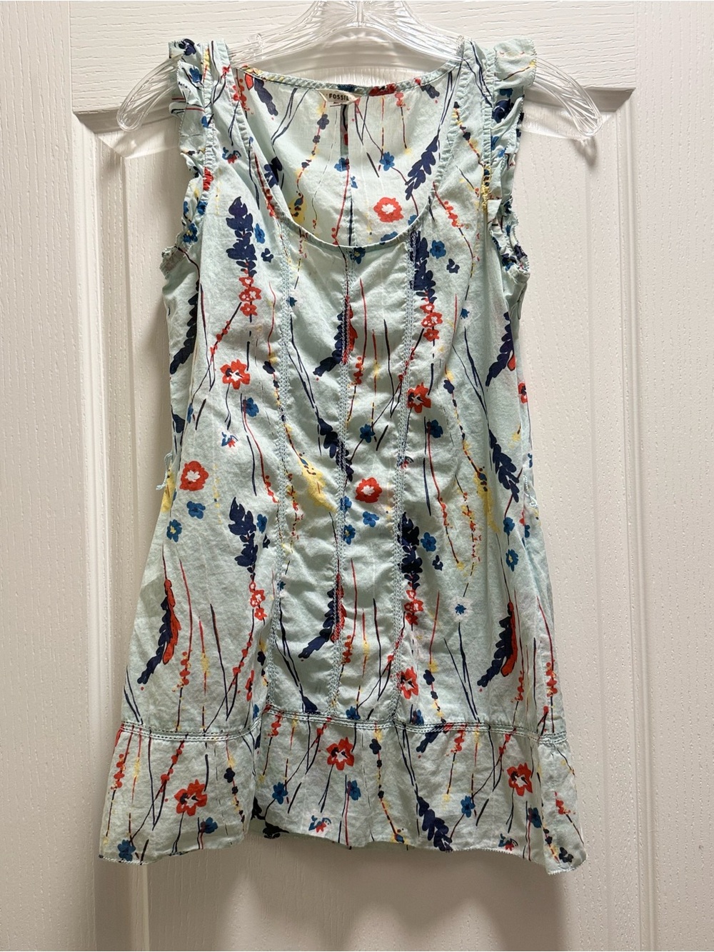 Fossil Light Aqua Floral Tank with Ruffle Trim